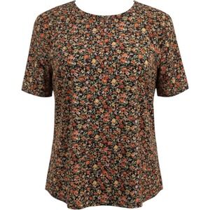 Emery Rose Womens Small Floral Short Sleeve Blouse Pom Pom Trim Keyhole Back
